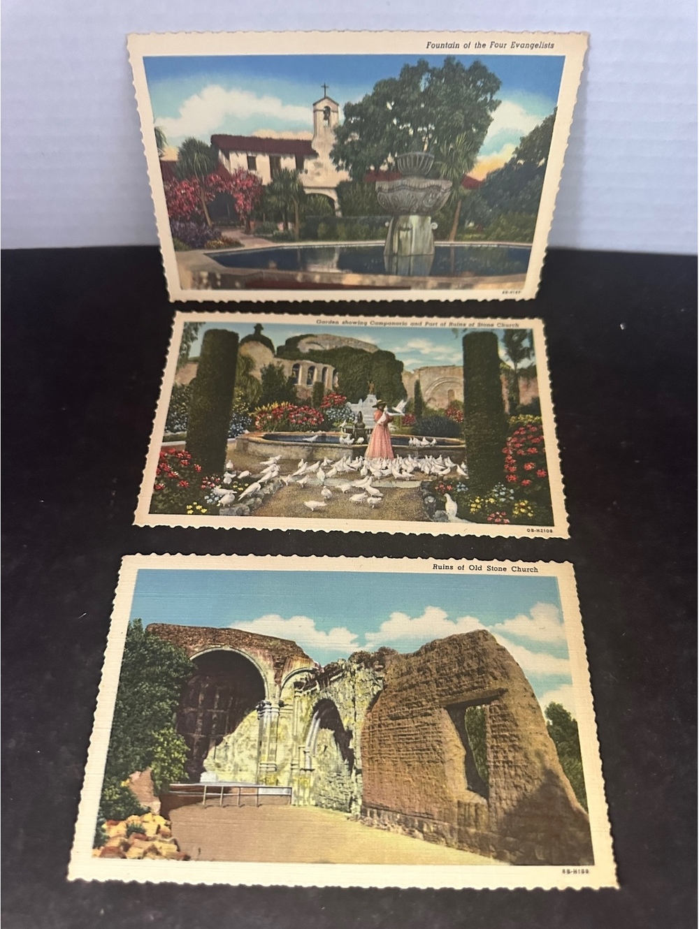 1948 Mission San Juan Capistrano CA 3 Linen Postcards Church Ruins Fountain